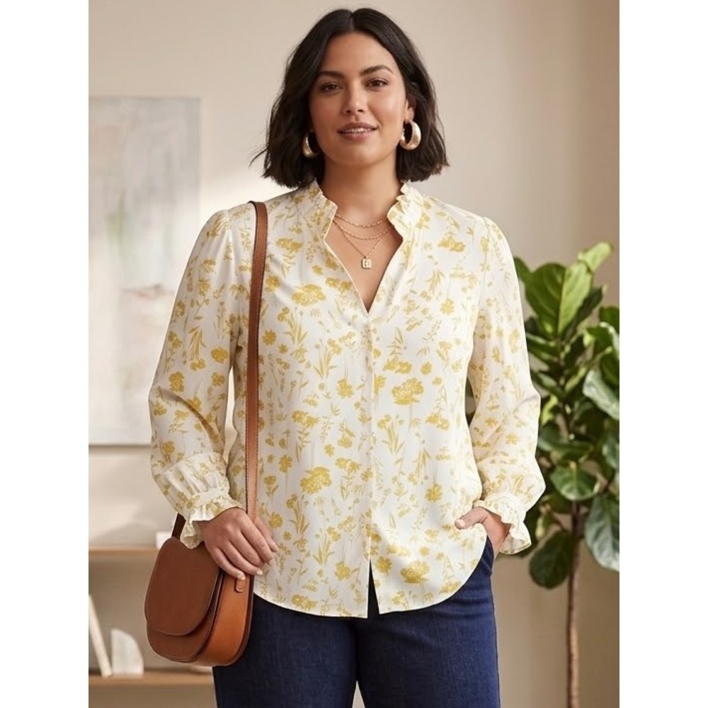 Ann Taylor Yellow White Floral Ruffle Neck Blouse Long Sleeve Top XXL